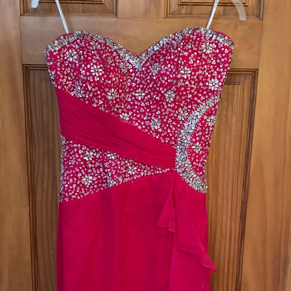 Tiffany Designs Strapless Red Gown with Silver Accents